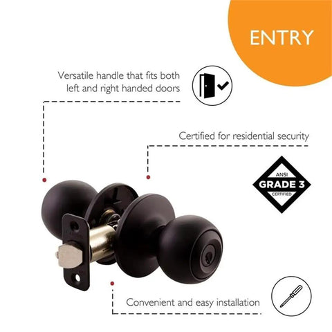 Keyed Entry Ball Door Knob in Matte Black Finish with Brass Construction 2 Way Latch, certified ANSI Grade-3 security