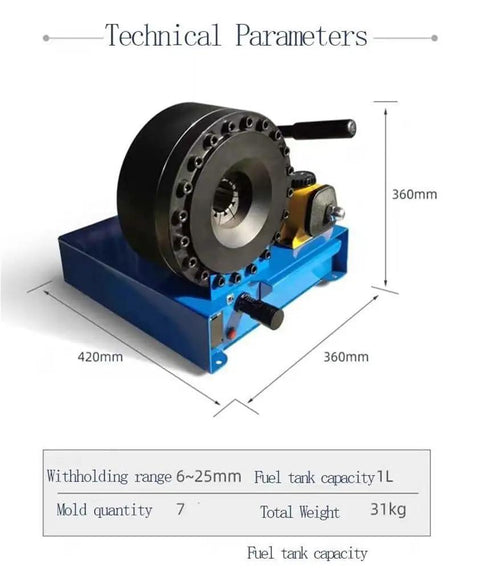 Solid Built Lightweight Manual Hydraulic Hose Crimping Tool Equipped With Seven Swappable Dies For Easy Peasy And Reliable High Pressure Tubing Field Projects, showing technical parameters.