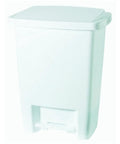 Butter Smooth Hella Durable Step Wastebasket 33 Qt White Plastic Trash Can with a stay open lid and scratch-resistant surface.