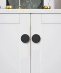 Matte Black Cabinet Knob Set Five Pack For Kitchen Drawers And Furniture Doors installed on white cabinet