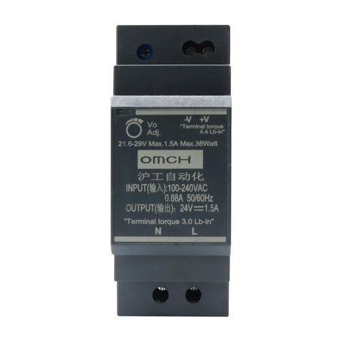 Ultra Slim DIN Rail 24V DC Power Supply 1.5A 36W For PLCs Relays Sensors And Controllers Wide Input For Industrial Automation And Building System Installations front view