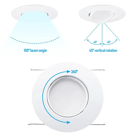 Diagram showing 6 Inch Gimbal LED Recessed Light Kit Dimmable 13W Downlight Mood Lighting 5000K Daylight CRI90 rotations and beam angles