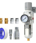 Three Eighths Inch NPT Air Filter Regulator Combo Piggyback With Five Micron Brass Element Semi Auto Drain 0 To 145 Psi Gauge AW3000 03