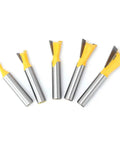 Pro Grind Five Piece Dovetail Router Bit Set Delivers Slick Cuts For Cabinets Door Frames And Ceiling Lines Heavy Duty Woodworking End Milling Cutter plain view of five router bits with yellow accents.