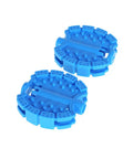 Blue plastic bicycle pedal set seen from above, non-slip kid friendly bicycle pedals set for children, trikes, and mountain bikes.