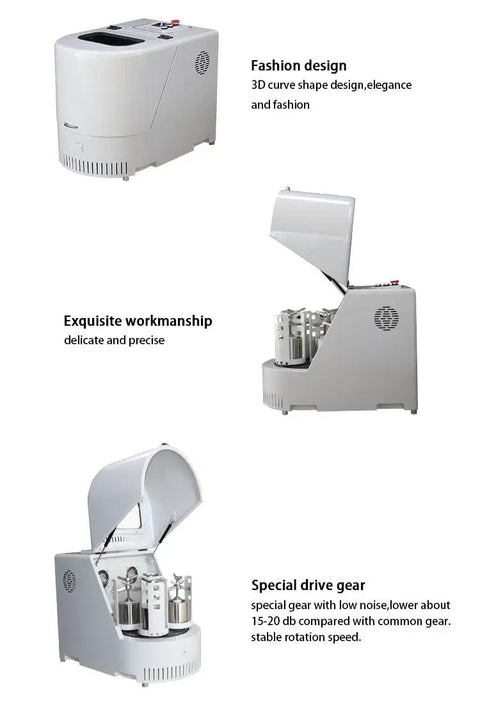 Vertical Planetary Ball Mill Machine For High Energy Lab Milling Dry And Wet Grinding Nano Powder Milling Benchtop Grinder For Research Semi Circle Model 12 L Capacity Workhorse For Labs Requires Compatible Grinding Tanks And Balls shown from different angles with lid open and closed