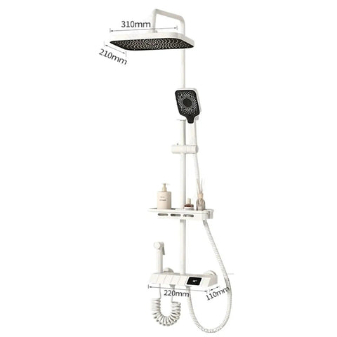 Heavy Hitter Adjustable Shower Set With Expansive Waterfall Head Durable Brass Frame Hot Cold Mixing Valve No Sweat Install with shower arm and shelves