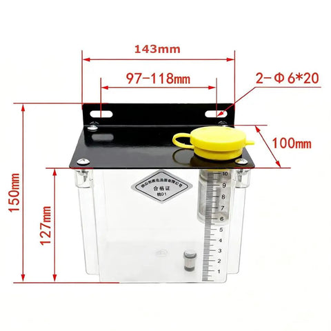 Heavy Duty MQL Spray Pump 1L Pneumatic Pulse Lubrication System Air Atomizing Oil Sprayer clear reservoir with yellow cap and measurements.