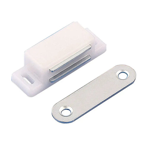 Heavy Duty Stainless Steel Magnetic Cabinet Catches With Powerful Magnet Door Stops And Closers For Kitchen Cupboards And Closets Child Proof Safety Sliding Doors Metal Plate Easy DIY Installation shown with white plastic base and metal plate.