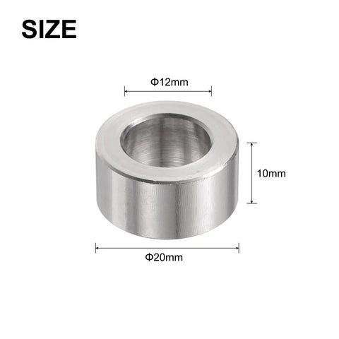 12Pc Tough As Nails Stainless Steel Spacers 12Mm Bore 20Mm OD 10Mm Long showing dimensions and shiny silver finish.