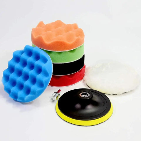 Variety of foam pads from Car Detailing Drill Polishing Pad Kit With 39 Pcs, Includes 7 Pcs 5 Inch And 31 Pcs 3 Inch Buffing Pads And Compound.
