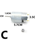 Close-up of Heavy Duty 24V 200W Metal DL 555C Motor for Kids Electric Cars, with measurements and 9T gear, shown on white background.