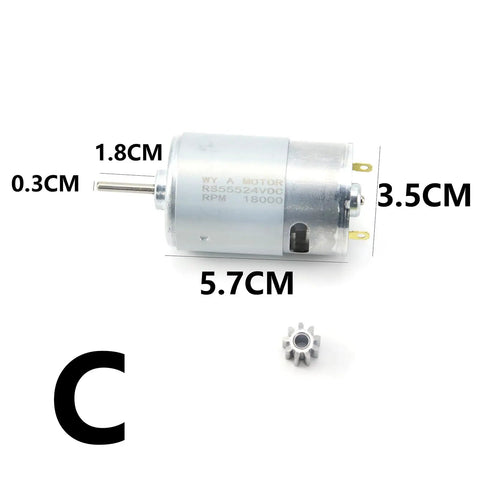 Close-up of Heavy Duty 24V 200W Metal DL 555C Motor for Kids Electric Cars, with measurements and 9T gear, shown on white background.