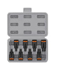 Tough Chrome Vanadium Steel Hex Socket Adapter Kit For Impact Drivers Fits H4 Through H17 Sizes With 8 Pieces Ready To Rock In Any Workshop Job Without Stripping Or Breaking Under Heavy Torque, gray case with H4-H17 adapters