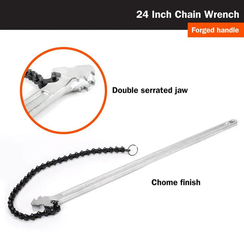 Heavy Duty 24 Inch Chain Wrench With Bi Directional Ratcheting And Double Serrated Jaw Forged Carbon Steel Handle Two To Six And A Half Inch Pipe Capacity Quick Gripping Tool For Plumbing And Pipe Fitting Tasks showing chrome finish and double serrated jaw