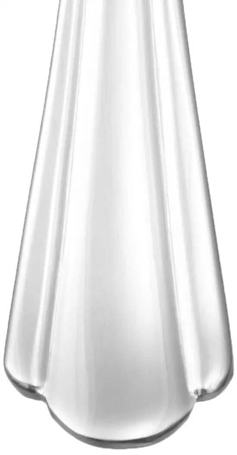 Close-up of scalloped edge on stainless steel dinner fork from dishwasher safe, well balanced set, silver finish, pack of 12.