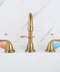 Gold bathroom faucet with double lever handles, showing 360-degree spout rotation. 3 Hole Widespread Matte Black Bathroom Faucet With Detachable Aerator 8 Inch Vanity Sink Tap Double Lever Handle Drain Included No Splash Water Saving Mixer Unit.