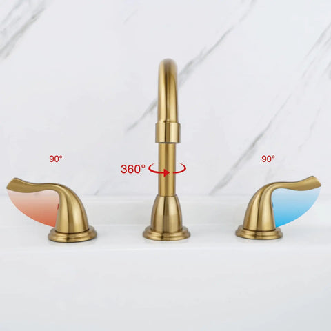 Gold bathroom faucet with double lever handles, showing 360-degree spout rotation. 3 Hole Widespread Matte Black Bathroom Faucet With Detachable Aerator 8 Inch Vanity Sink Tap Double Lever Handle Drain Included No Splash Water Saving Mixer Unit.
