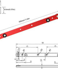 Heavy Duty Anodized Aluminum Miter Bar And T Slot Track Rail Featuring Rock Solid Build And Ultra Smooth Glide Designed For Beefy Woodshop Jigs Sleds Router Tables 300mm Red with measurements.