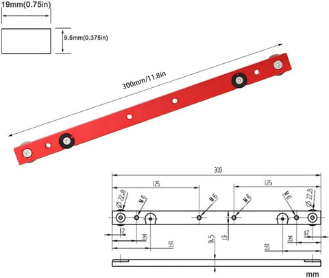 Heavy Duty Anodized Aluminum Miter Bar And T Slot Track Rail Featuring Rock Solid Build And Ultra Smooth Glide Designed For Beefy Woodshop Jigs Sleds Router Tables 300mm Red with measurements.