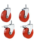 4 Pack Hella Tough Heavy Duty Caster Wheels With Dual Locking Brakes M12x30mm Bolt Thread showing red wheels and galvanized brackets.