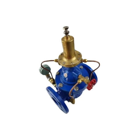 Manual 500X Water Ductile Iron Flow Control Valve With Pressure Relief PN 10 16 DN100 General Purpose Water System Valve Heavy Duty Built To Last 400X 500X Size Easy Manual Operation And Durable Flow Regulation, blue flange
