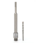 Heavy Duty Hole Saw Arbor Adapter And Drill Rod Connector For Round Shank Electric Hammers showing a long steel shaft and drill bit.