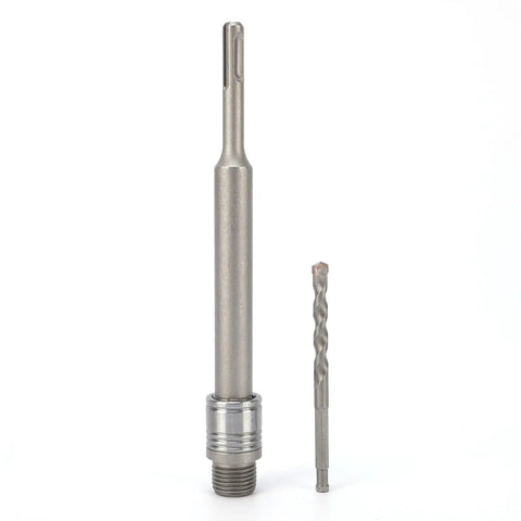 Heavy Duty Hole Saw Arbor Adapter And Drill Rod Connector For Round Shank Electric Hammers showing a long steel shaft and drill bit.