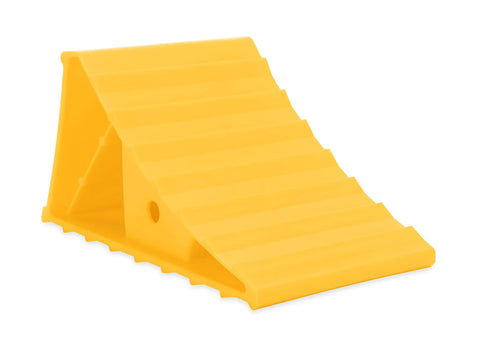 Camco yellow wheel chock, plastic wedge with stepped ramp for trailer or RV stabilization