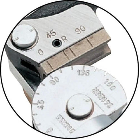 Close-up of Heavy Duty 408M Tube Bender showing angle markings for accurate 90 to 180 degree bends. Durable construction.