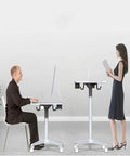 Game Changer Adjustable Lectern Podium Stand With Smooth Wheels For Quick Presentations Walking Meetings, adjustable mobile lectern in use.