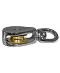 Swivel Steel Wheel Pulley For Rope And Cable Guiding, Three Quarters Inch Sheave Height, Die Cast Nickel Plated, Anti Rust, side view