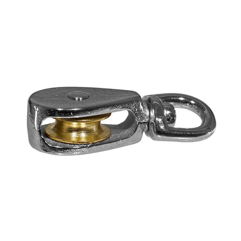 Swivel Steel Wheel Pulley For Rope And Cable Guiding, Three Quarters Inch Sheave Height, Die Cast Nickel Plated, Anti Rust, side view