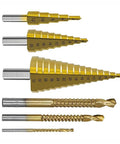 Must-Have Titanium-Coated Drill Bit Set For DIY Pros; Heavy Duty Bearing Steel Twist Bits Kill Through Wood Metal And More Like A Boss With Smooth Step Design And Snazzy Case Included. Titanium-coated step drill bits and twist bits, 4-32mm