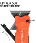 Klein Tools FlickBlade 2-in-1 folding utility knife and scraper, orange handle with built-in blade storage.