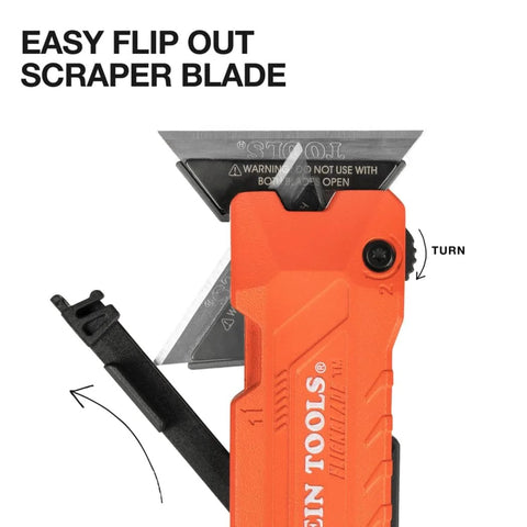 Klein Tools FlickBlade 2-in-1 folding utility knife and scraper, orange handle with built-in blade storage.