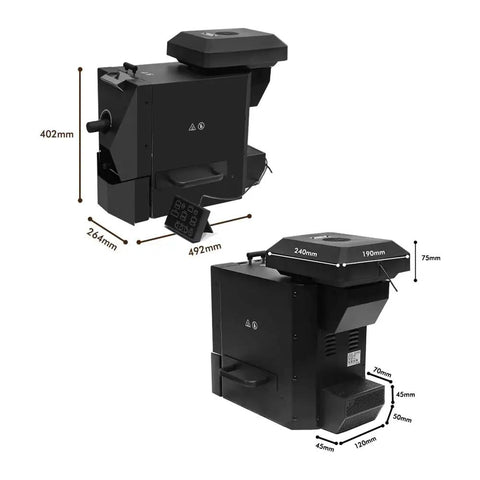 Kicking Up Your Daily Grind With This Heavy Duty Electric Coffee Bean Roaster Packing Nine Auto Roasting Curves And A Smart Smoke Filter, showing dimensions.