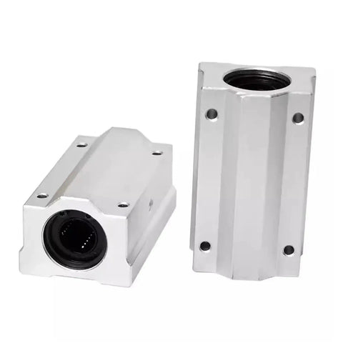 Heavy Duty SC20LUU Linear Bearing Block For 20mm Shaft with smooth silver finish and black internal bushing for CNC router compatibility.