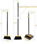 Heavy Duty Standing Broom And Dustpan Combo Set With Adjustable Long Handle, showcasing 52in broom and dustpan dimensions.