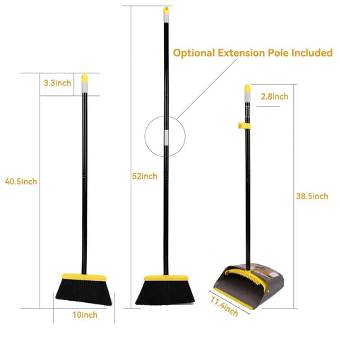 Heavy Duty Standing Broom And Dustpan Combo Set With Adjustable Long Handle, showcasing 52in broom and dustpan dimensions.