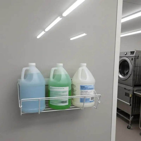 Heavy Duty Wall Mount Jug Storage Rack For 1 Gallon Jugs Wire Organizer For Soap Detergent And Hand Sanitizer Holders Space Saving Liquid Storage For Home Or Pro Use Durable Powder Coated Steel installed on a wall holding three gallon jugs.