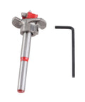 Pocket hole drill jig with 15mm locator; metal tool with red accents and included L-key (2-piece set)