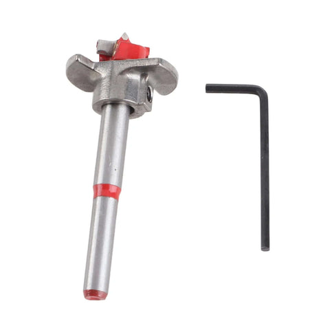 Pocket hole drill jig with 15mm locator; metal tool with red accents and included L-key (2-piece set)