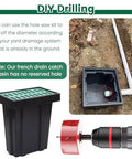 DIY drilling setup for Rock Solid Heavy Duty Catch Basin Sump Pump showing basin, drill, and piping installation.
