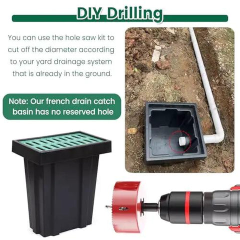 DIY drilling setup for Rock Solid Heavy Duty Catch Basin Sump Pump showing basin, drill, and piping installation.