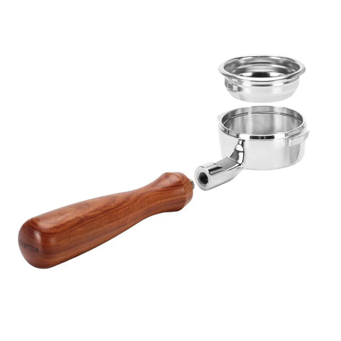 58mm Bottomless Portafilter For Breville Dual Boiler Machines Straight Up 304 Stainless Steel Filter Basket with wood handle.