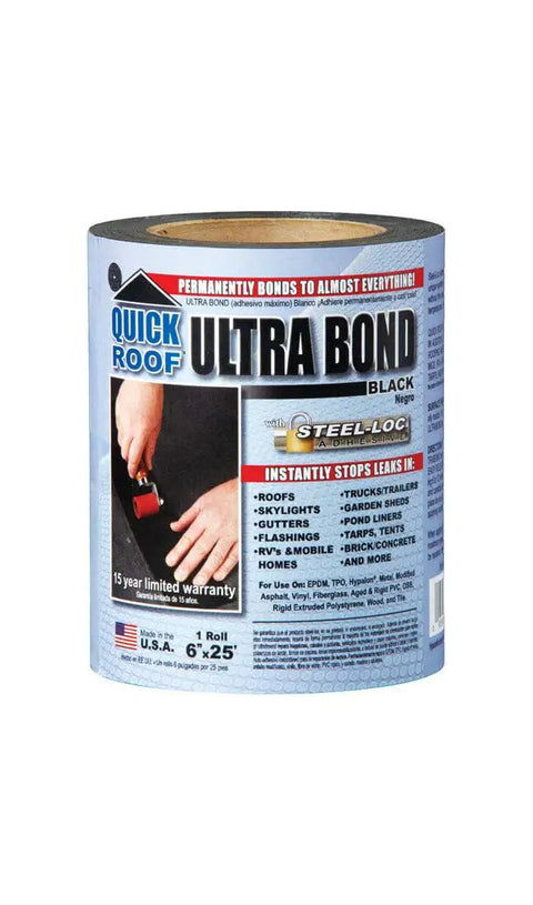 Quick Roof No Fuss 6 Inch By 25 Feet Black Ultra Bond With Steel Loc Adhesive Instant Self Adhesive Roof Repair Tape For TPO Membrane Bonds To Almost Anything Easy Peel And Stick roll with blue packaging