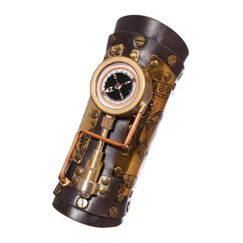 Dope Steampunk Arm Sleeve Crafted From Sturdy PU Leather With Antique Brass Gears And Built In Compass Gothic Wrist Guard for pirate cosplay gear.