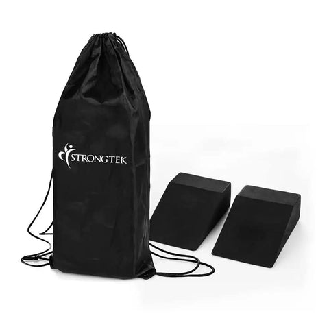 High Grade Foam Yoga Wedge Blocks Set Of Two With Carry Bag, black EVA foam wedges for balance and deep stretching.
