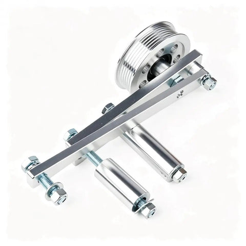 Must-Have Idler Pulley Bracket Kit Direct Fit For 85-91 Chevy Corvette C4 L98 5.7L Engine Restores Serpentine Belt Tension And Accessory Drive Alignment For Your Classic V8 Build. Silver aluminum idler pulley bracket kit with pulley, bolts, and spacers